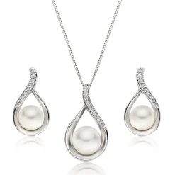 Beaverbrooks 9ct White Gold Diamond Freshwater Cultured Pearl Pendant and Earrings Set