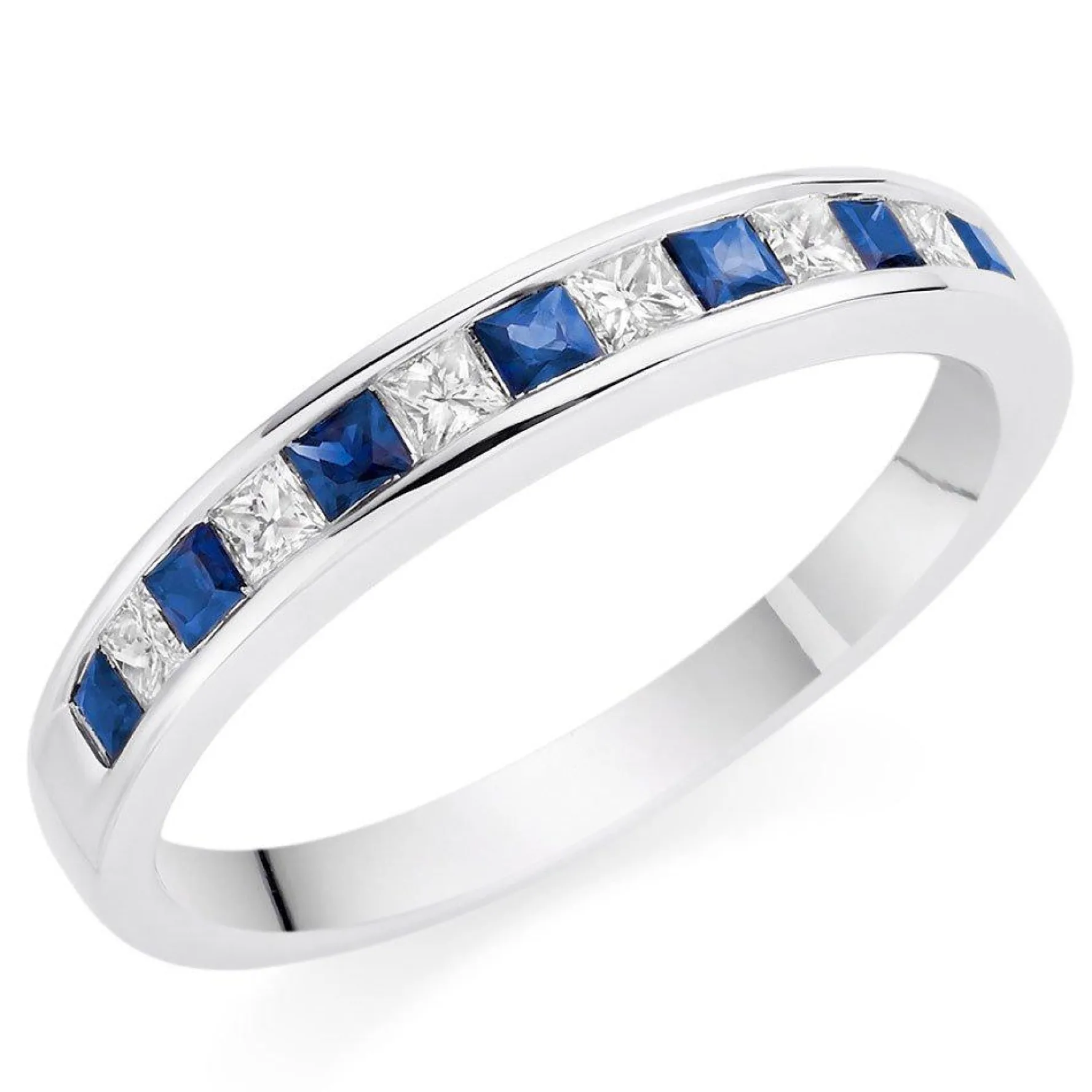 Beaverbrooks 18ct White Gold Diamond Sapphire Princess Cut Half Eternity Ring