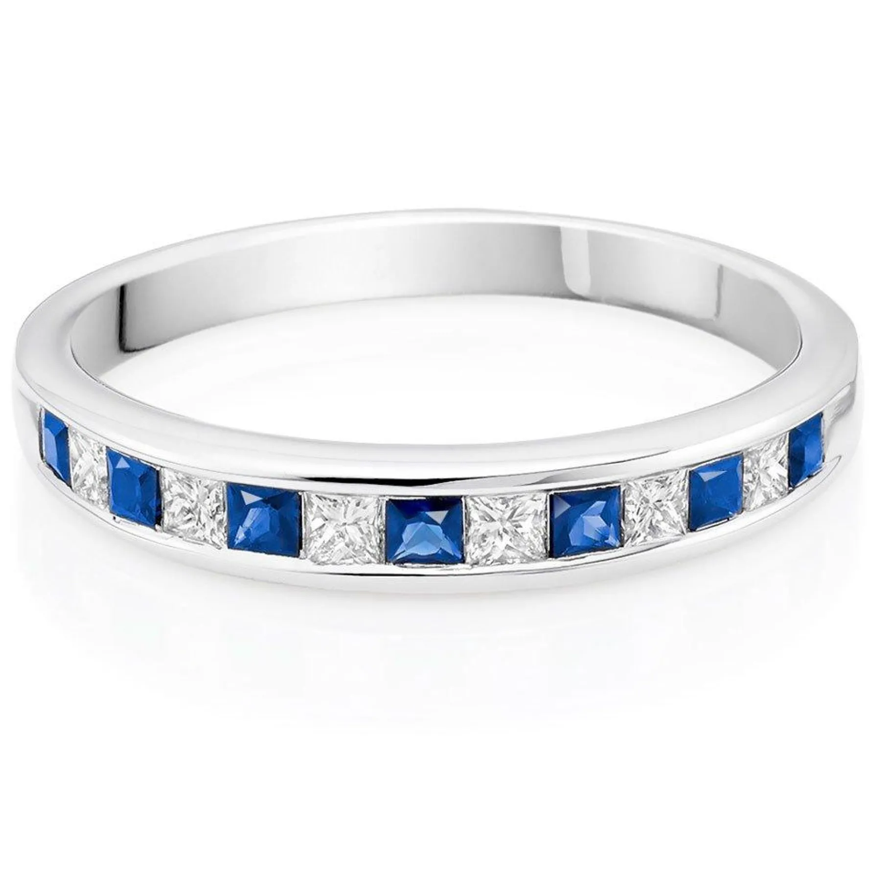 Beaverbrooks 18ct White Gold Diamond Sapphire Princess Cut Half Eternity Ring