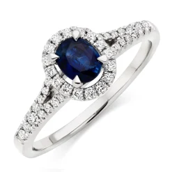 Beaverbrooks 18ct White Gold Diamond Sapphire Halo Engagement Ring