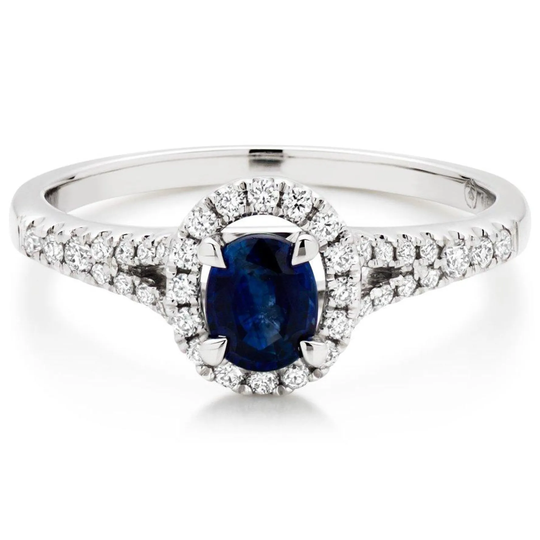 Beaverbrooks 18ct White Gold Diamond Sapphire Halo Engagement Ring