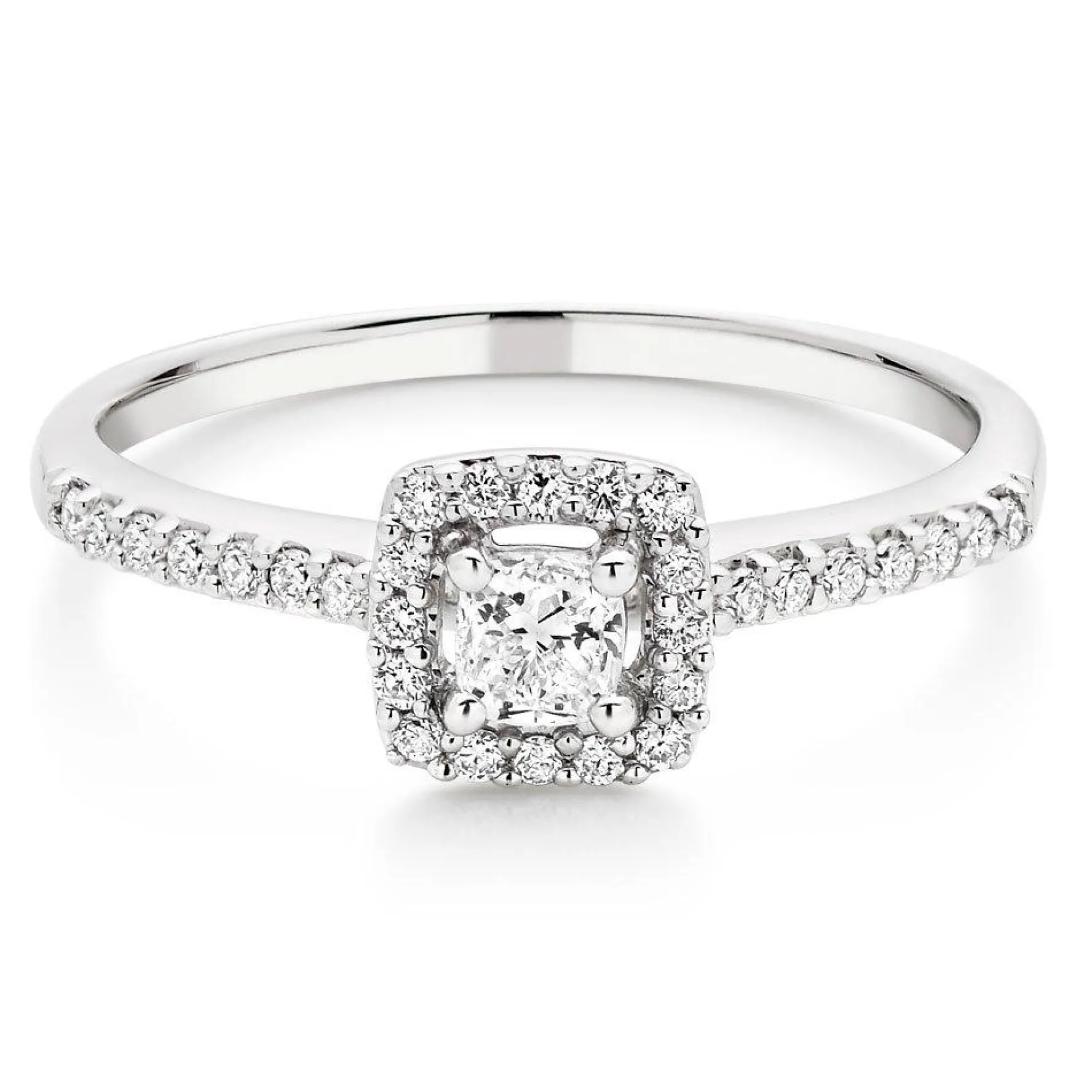 Beaverbrooks 18ct White Gold Diamond Cushion Cut Halo Ring