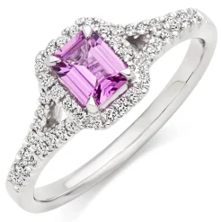 Beaverbrooks 18ct White Gold Diamond Pink Sapphire Halo Engagement Ring
