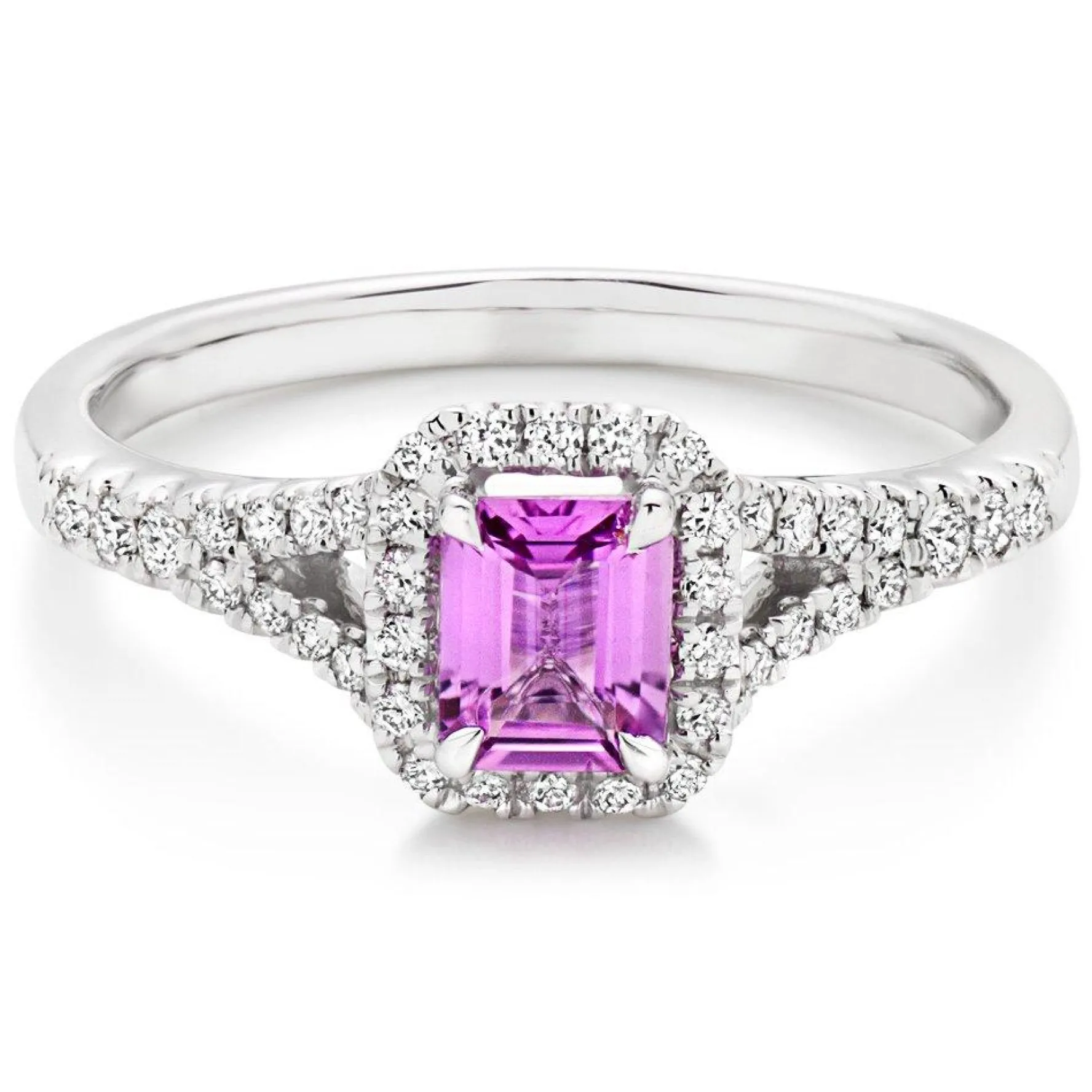 Beaverbrooks 18ct White Gold Diamond Pink Sapphire Halo Engagement Ring