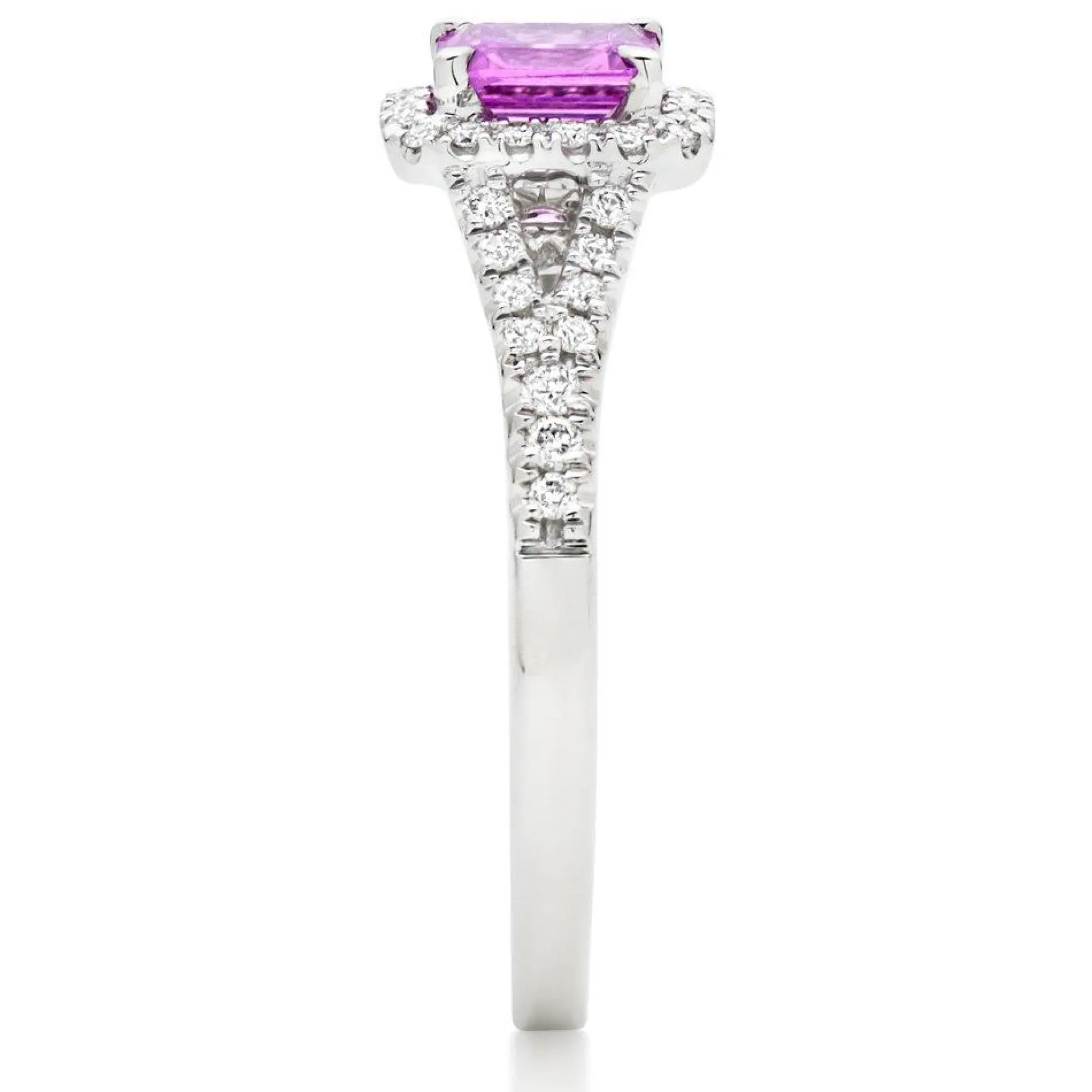 Beaverbrooks 18ct White Gold Diamond Pink Sapphire Halo Engagement Ring