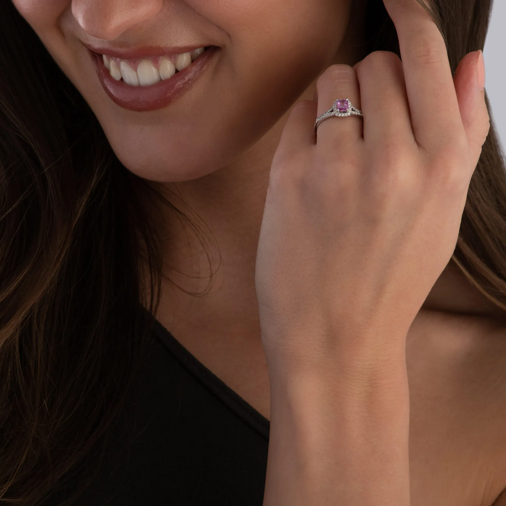 Beaverbrooks 18ct White Gold Diamond Pink Sapphire Halo Engagement Ring