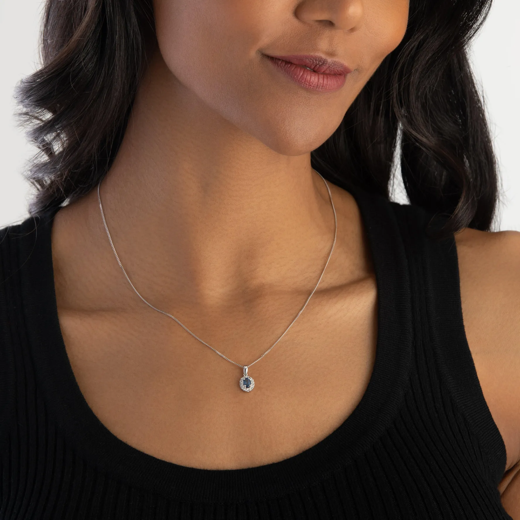 Beaverbrooks 18ct White Gold Diamond Sapphire Halo Pendant