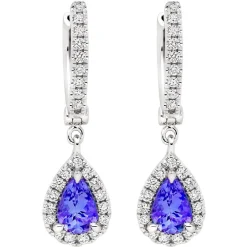 Beaverbrooks 18ct White Gold Diamond Tanzanite Pear Shaped Halo Drop Earrings
