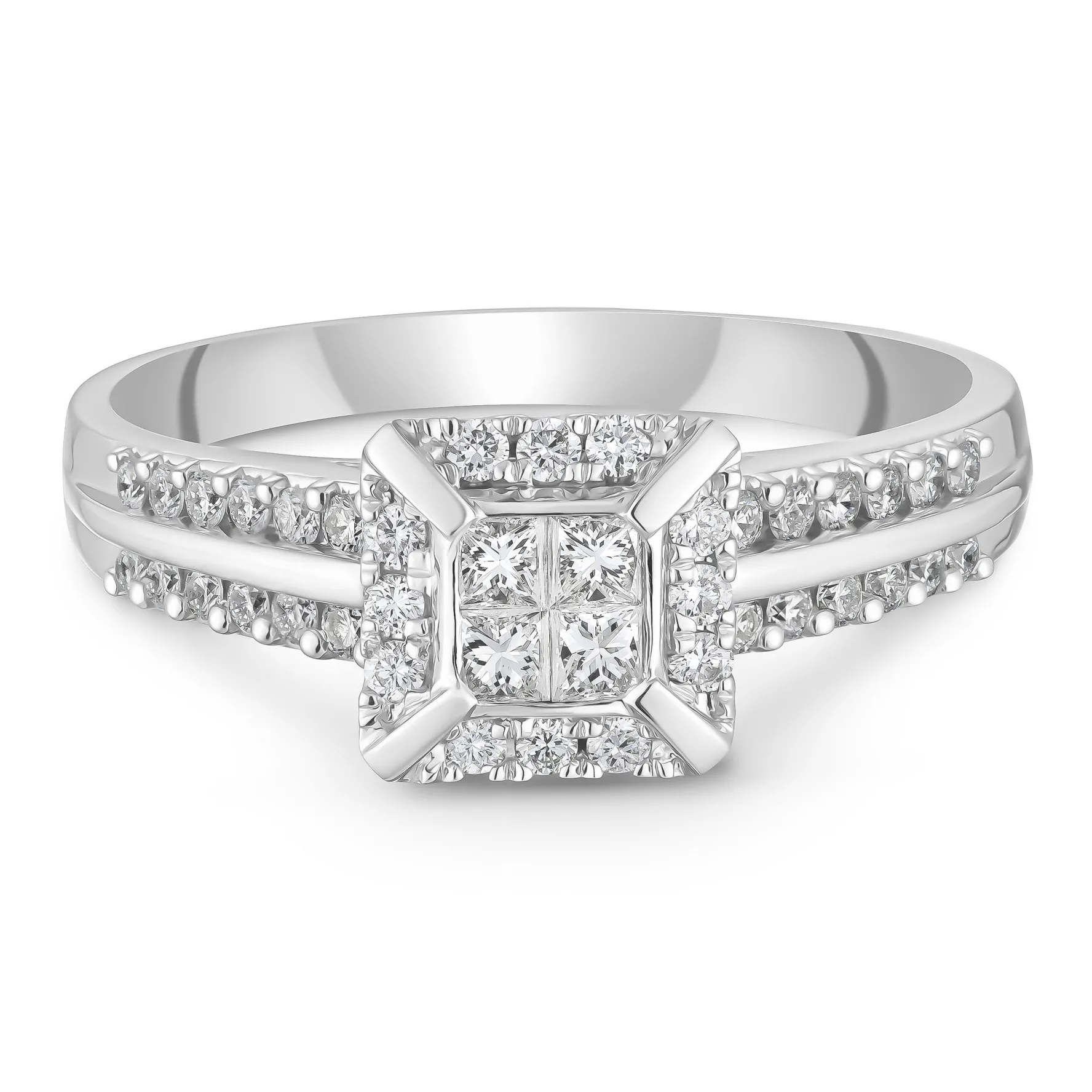 Beaverbrooks 18ct White Gold Diamond Princess Cut Cluster Engagement Ring