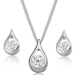 Beaverbrooks 9ct White Gold Cubic Zirconia Pear Shaped Pendant and Earrings Set