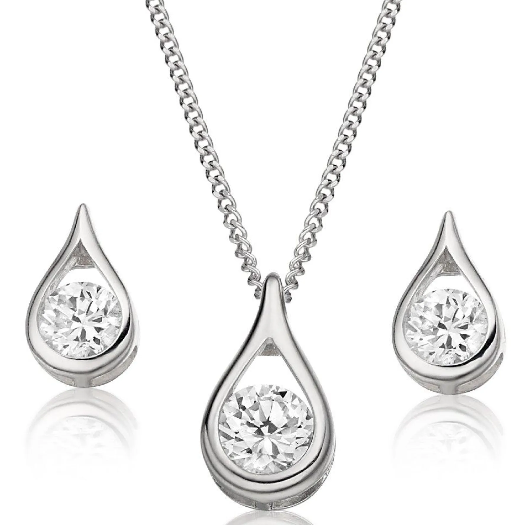 Beaverbrooks 9ct White Gold Cubic Zirconia Pear Shaped Pendant and Earrings Set