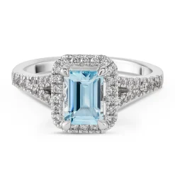 Beaverbrooks 18ct White Gold Diamond Aquamarine Halo Engagement Ring