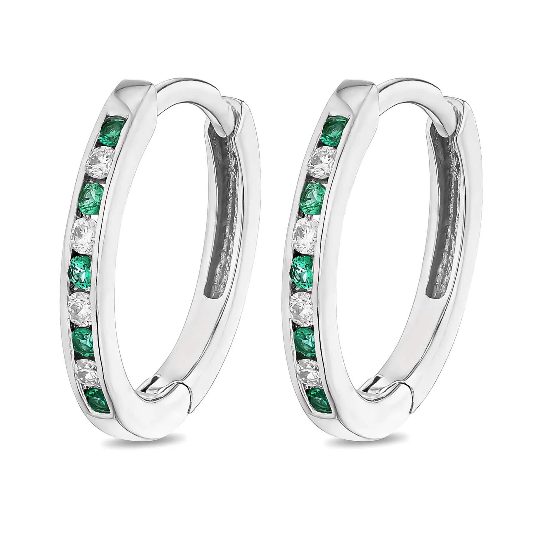 Beaverbrooks 9ct White Gold Diamond Green Emerald Hoop Earrings