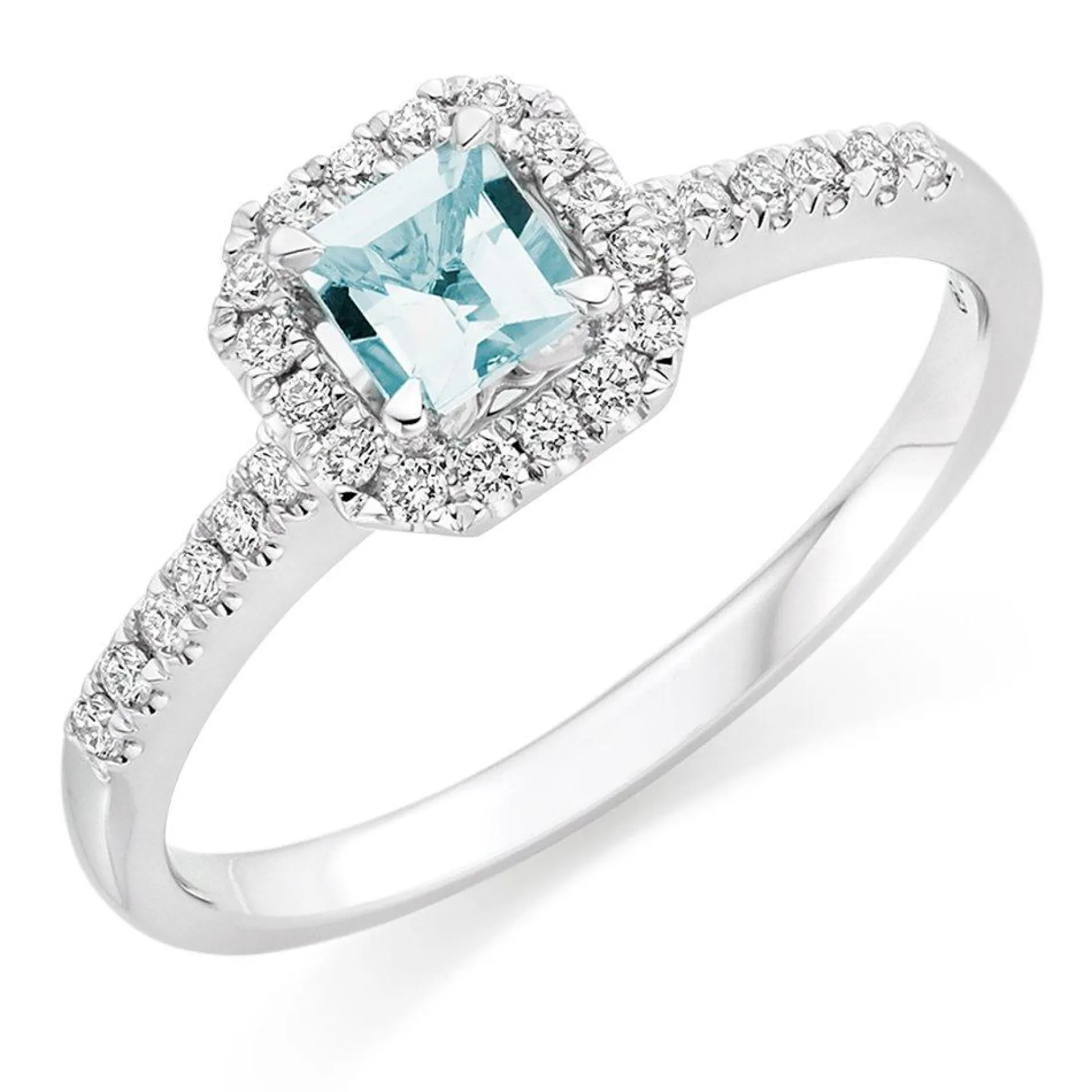 Beaverbrooks 18ct White Gold Diamond Aquamarine Halo Engagement Ring