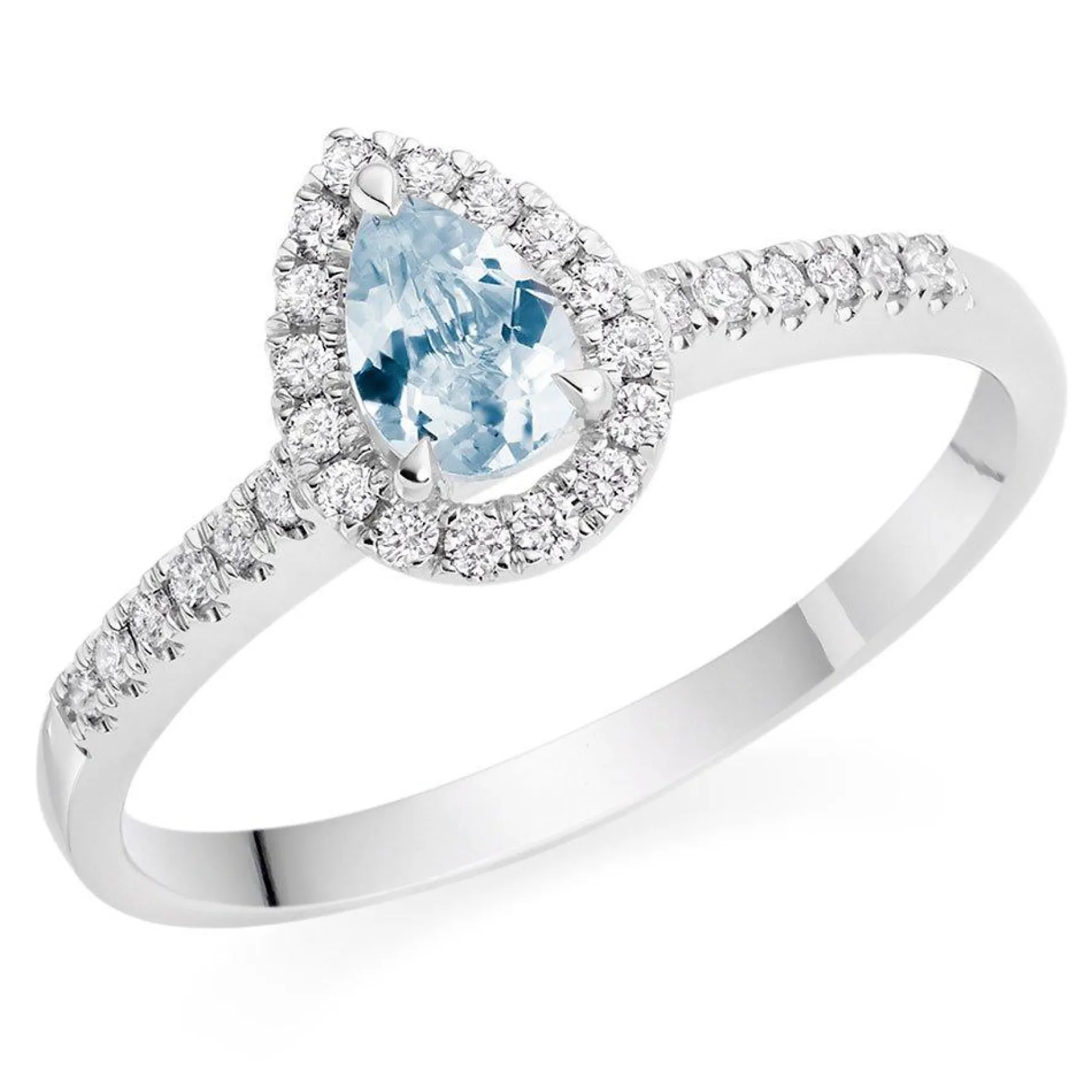 Beaverbrooks 18ct White Gold Diamond Aquamarine Pear Shaped Halo Ring