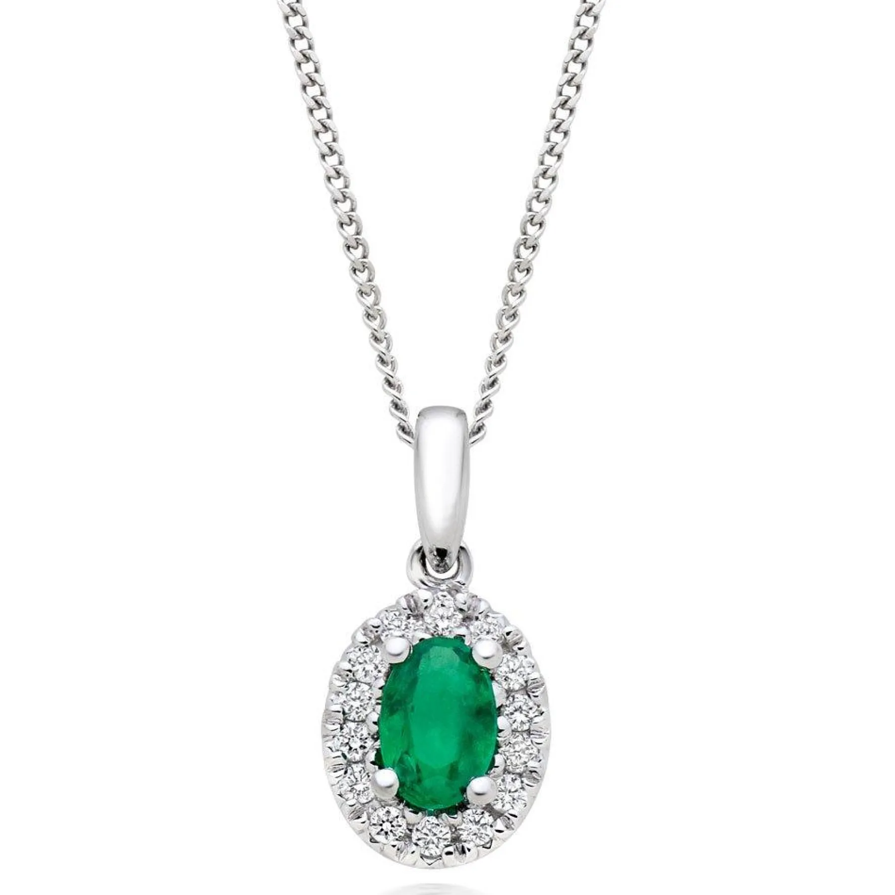 Beaverbrooks 18ct White Gold Diamond Emerald Halo Pendant