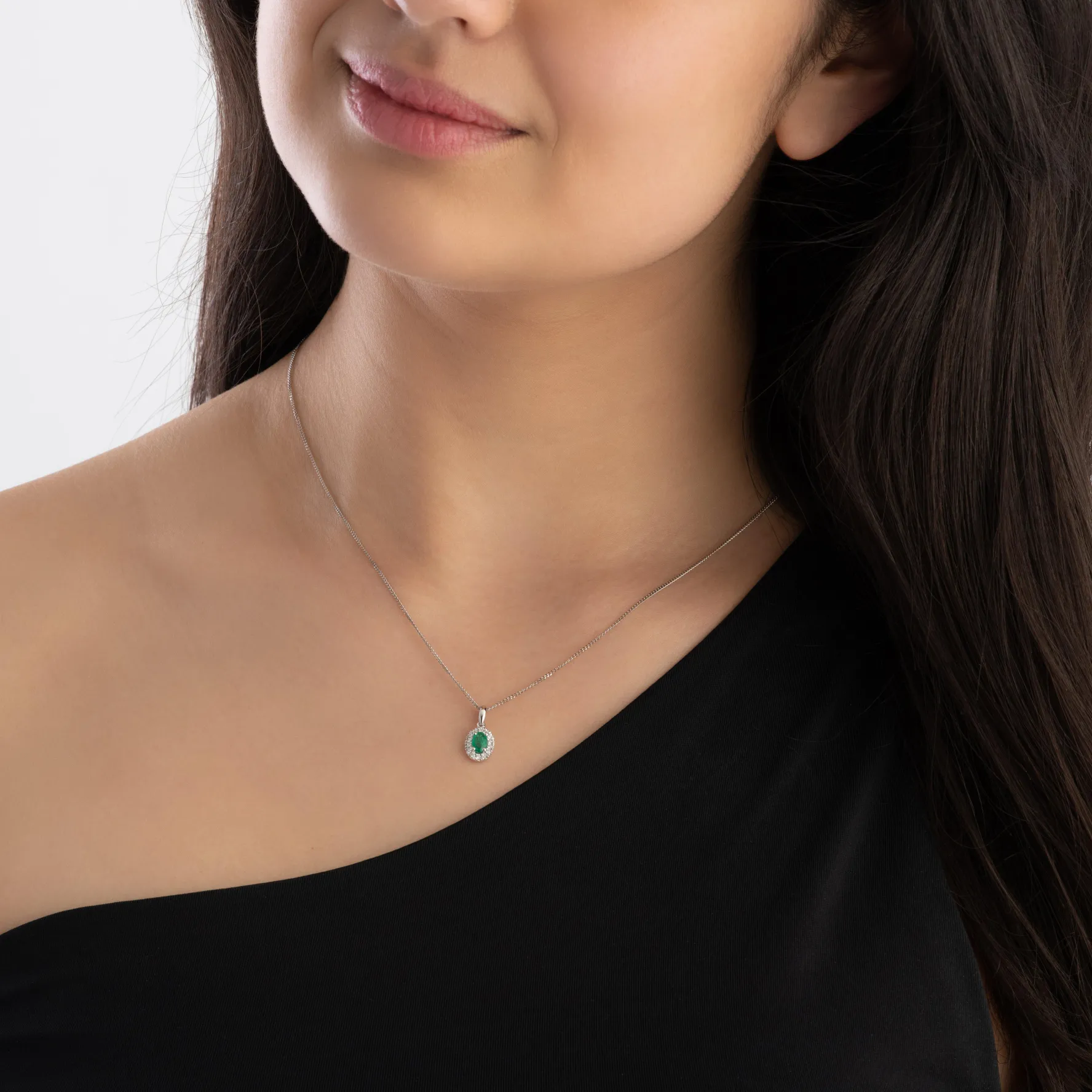 Beaverbrooks 18ct White Gold Diamond Emerald Halo Pendant