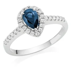 Beaverbrooks 18ct White Gold Diamond Sapphire Pear Shaped Halo Ring
