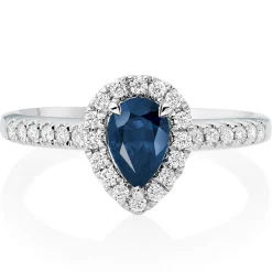 Beaverbrooks 18ct White Gold Diamond Sapphire Pear Shaped Halo Ring