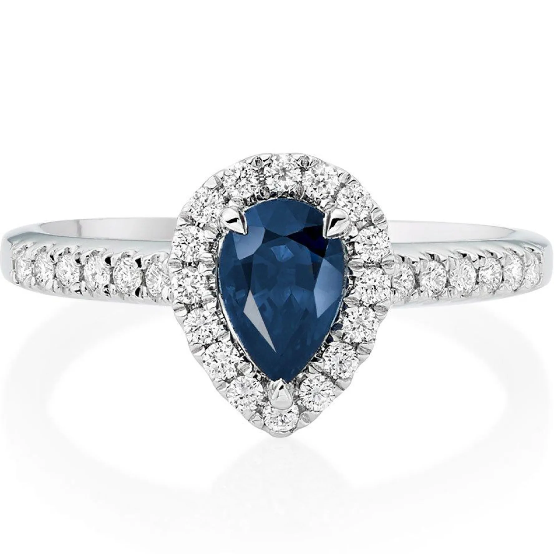 Beaverbrooks 18ct White Gold Diamond Sapphire Pear Shaped Halo Ring