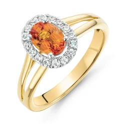 Beaverbrooks 18ct Yellow Gold Diamond Orange Sapphire Halo Engagement Ring
