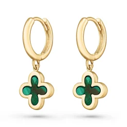 Beaverbrooks 9ct Yellow Gold Malachite Clover Huggie Earrings