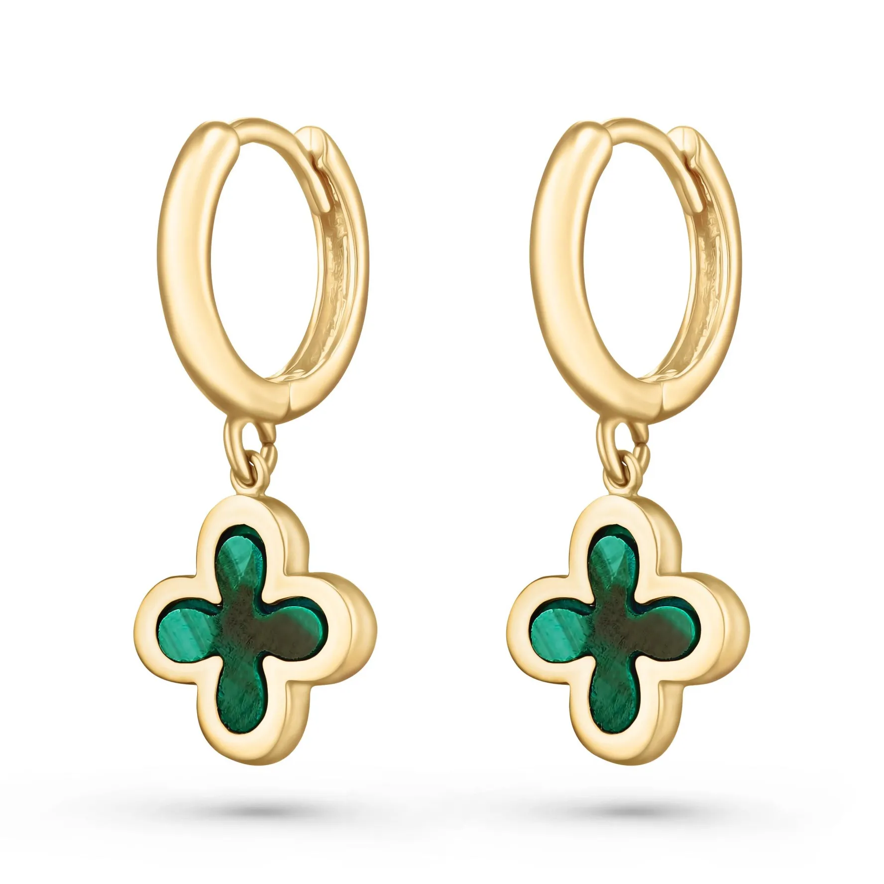 Beaverbrooks 9ct Yellow Gold Malachite Clover Huggie Earrings