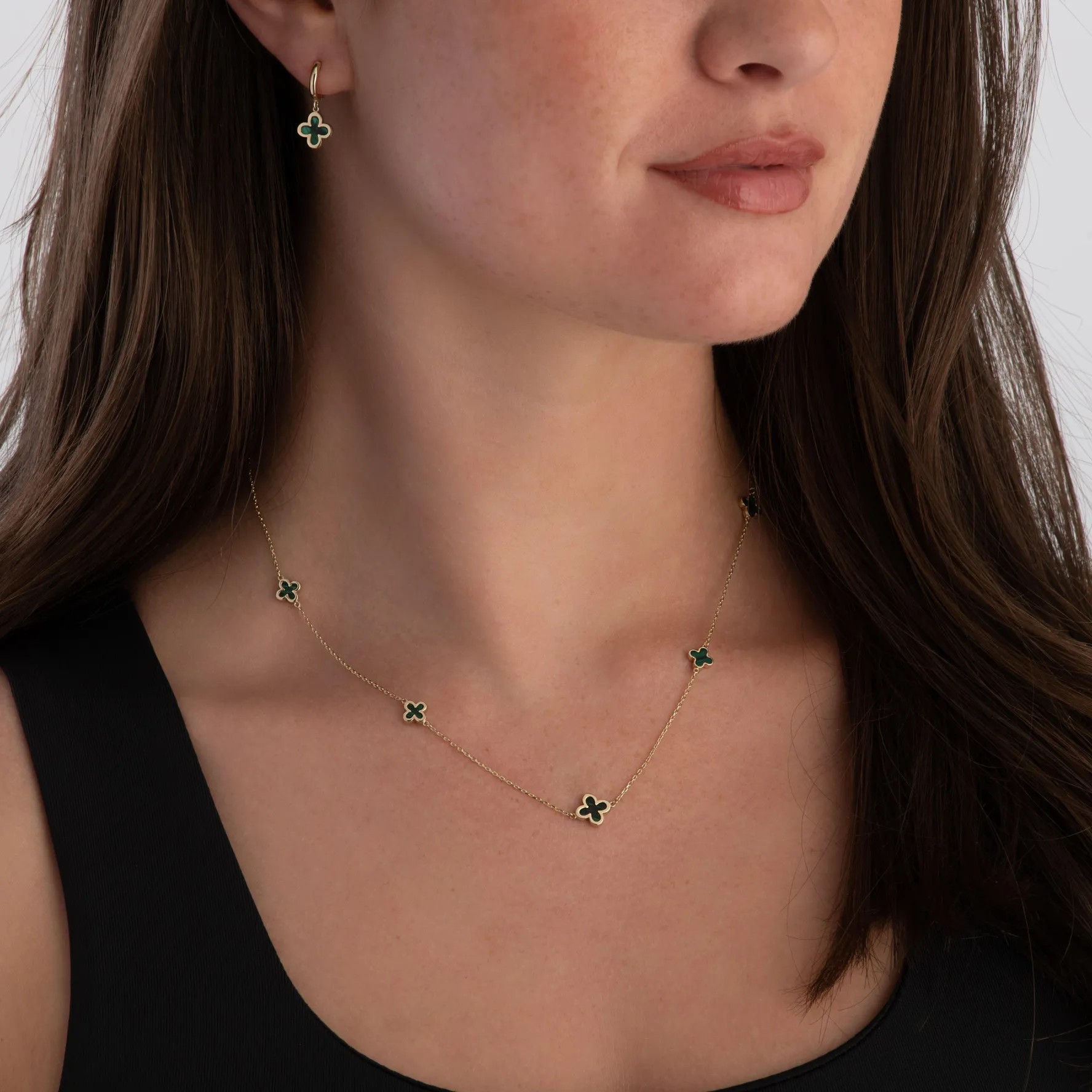 Beaverbrooks 9ct Yellow Gold Malachite Clover Huggie Earrings
