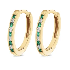 Beaverbrooks 9ct Yellow Gold Diamond Green Emerald Hoop Earrings