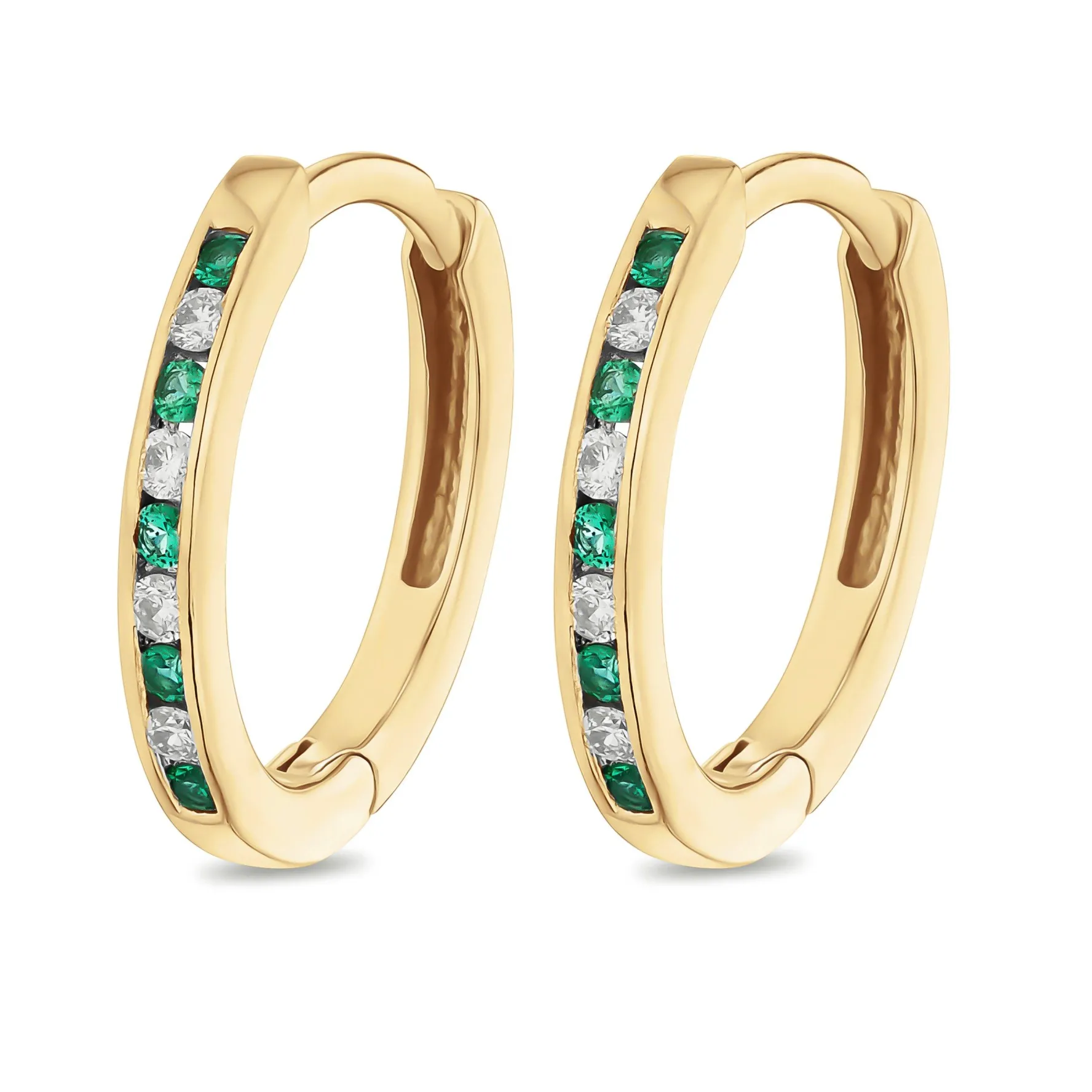 Beaverbrooks 9ct Yellow Gold Diamond Green Emerald Hoop Earrings