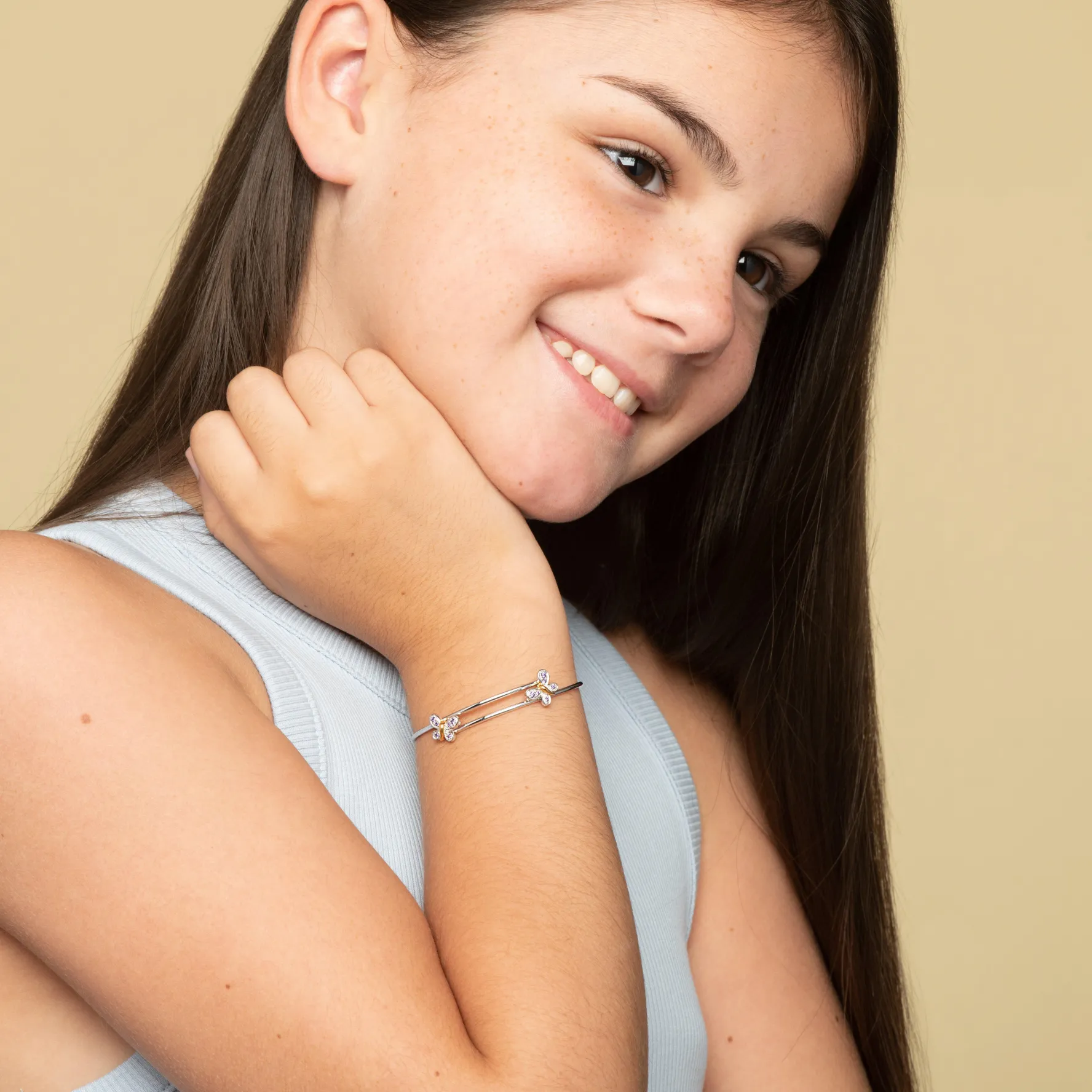 Beaverbrooks Mini B Silver and Gold Plated Crystal Butterfly Bangle