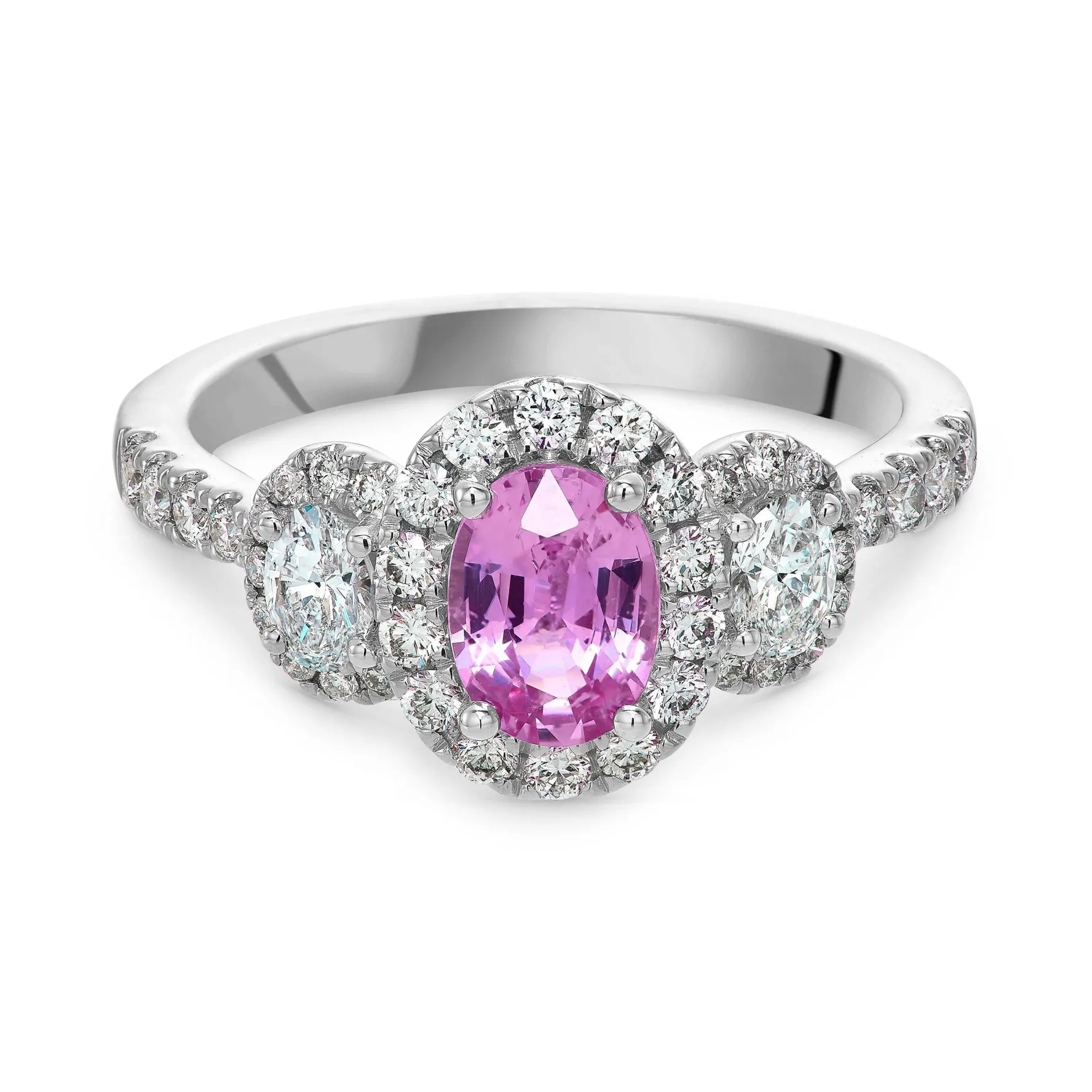 Beaverbrooks Platinum Diamond Pink Sapphire Halo Engagement Ring