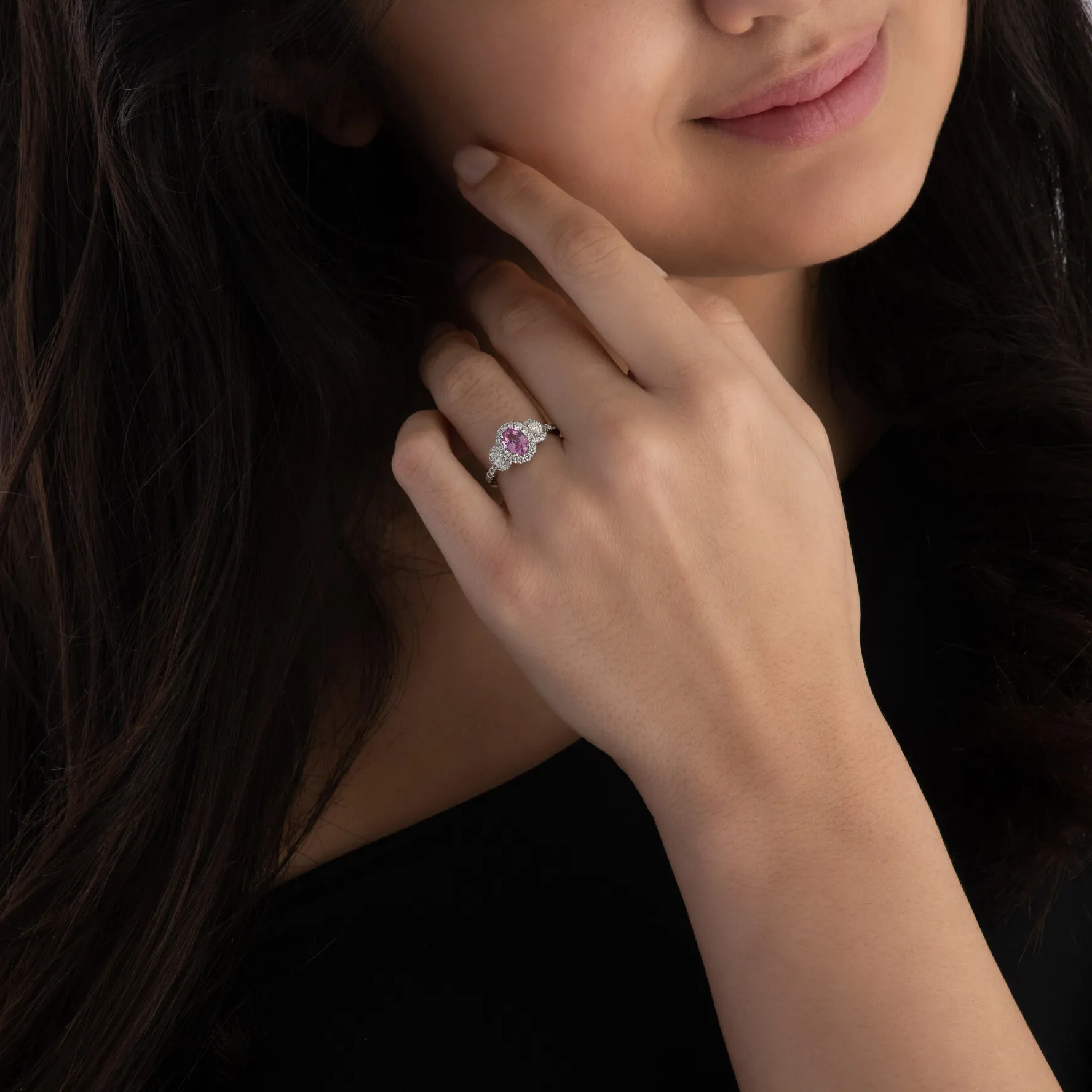 Beaverbrooks Platinum Diamond Pink Sapphire Halo Engagement Ring