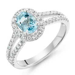 Beaverbrooks Platinum Diamond Aquamarine Halo Engagement Ring