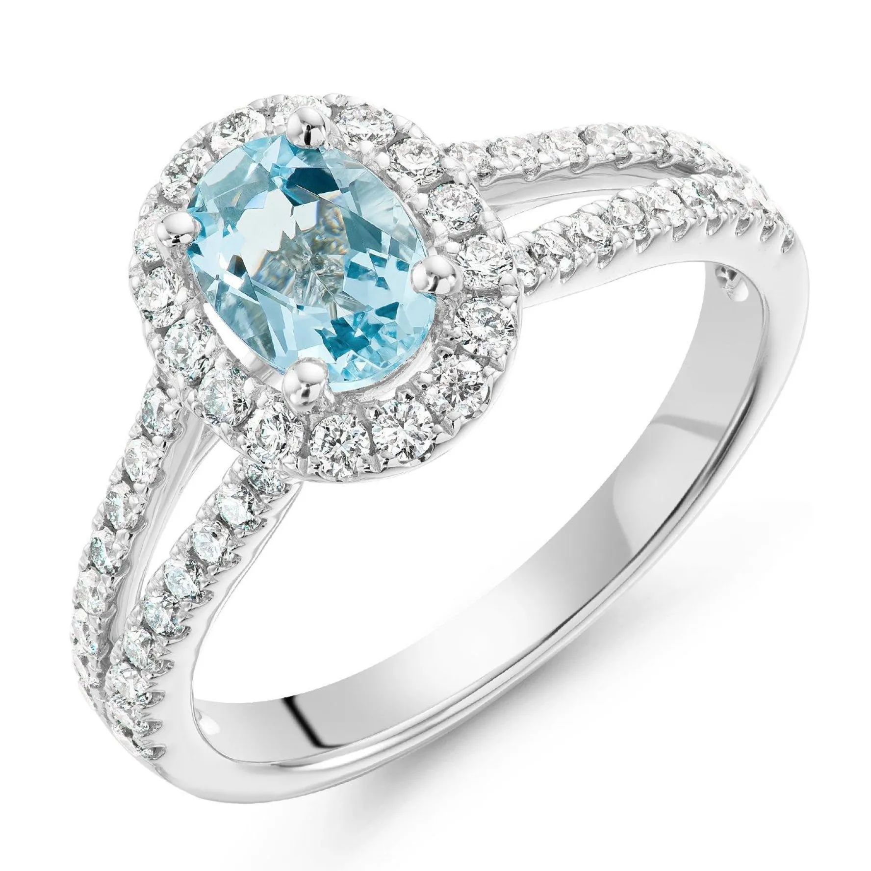 Beaverbrooks Platinum Diamond Aquamarine Halo Engagement Ring