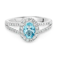 Beaverbrooks Platinum Diamond Aquamarine Halo Engagement Ring