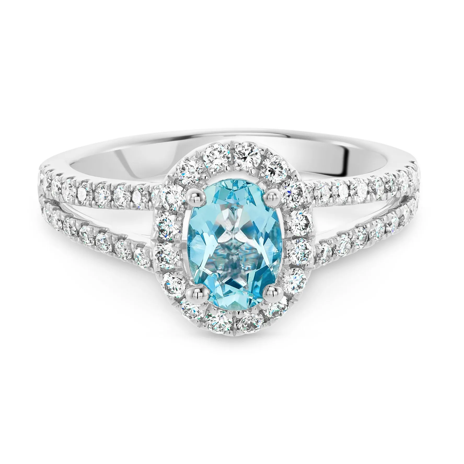 Beaverbrooks Platinum Diamond Aquamarine Halo Engagement Ring
