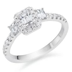 Beaverbrooks Platinum Diamond Emerald Cut Three Stone Halo Ring