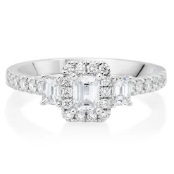 Beaverbrooks Platinum Diamond Emerald Cut Three Stone Halo Ring