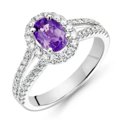 Beaverbrooks Platinum Diamond Amethyst Halo Engagement Ring