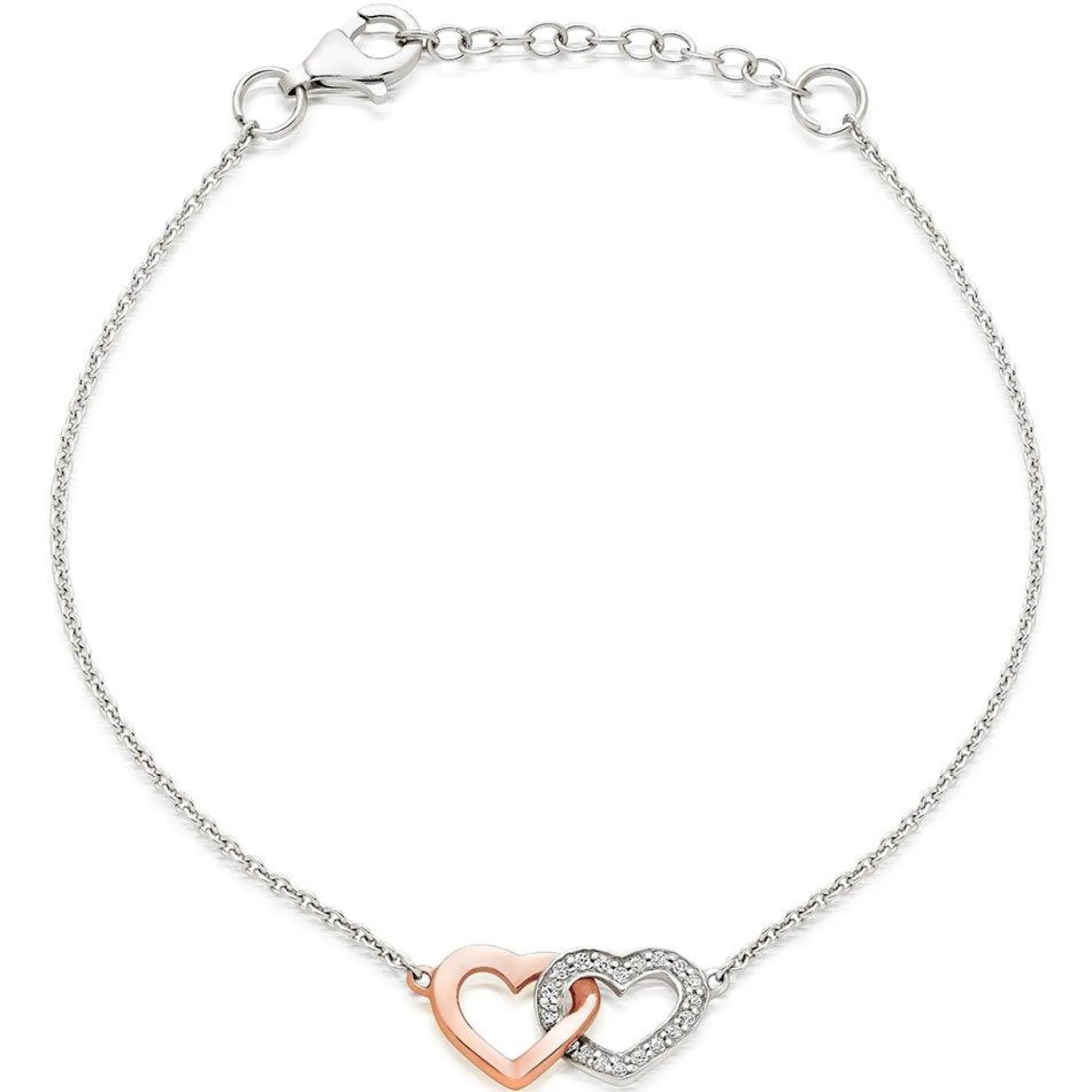 Beaverbrooks Silver and Rose Gold Plated Cubic Zirconia Double Heart Bracelet