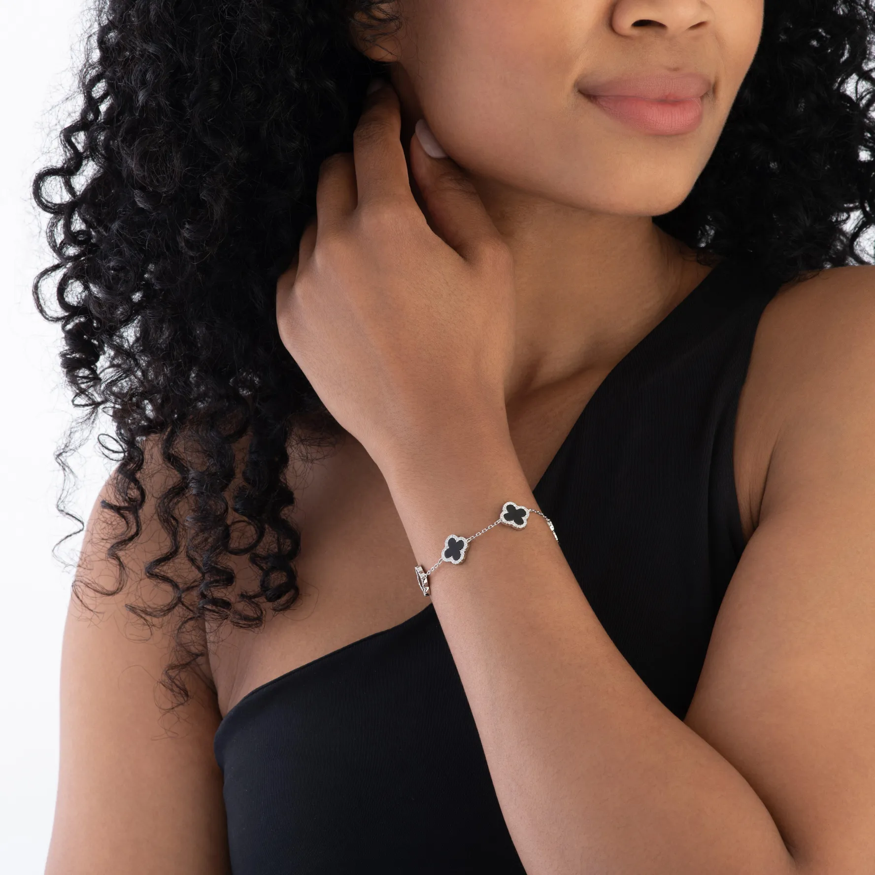 Beaverbrooks Silver Cubic Zirconia Onyx Clover Bracelet