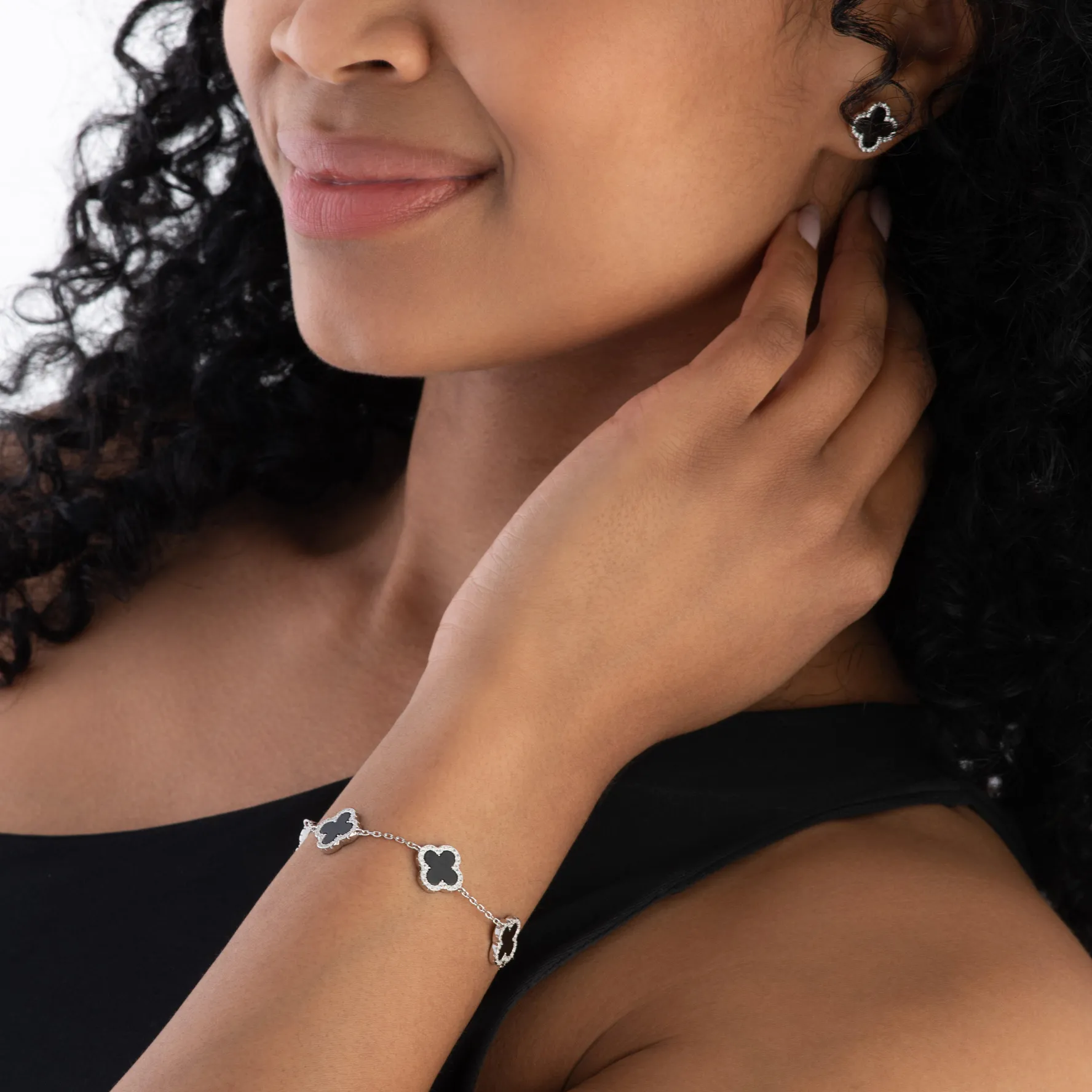 Beaverbrooks Silver Cubic Zirconia Onyx Clover Bracelet