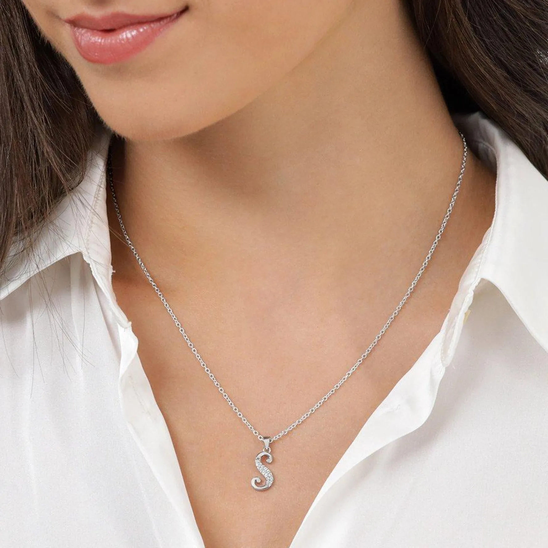 Beaverbrooks Silver Cubic Zirconia Initial S Pendant