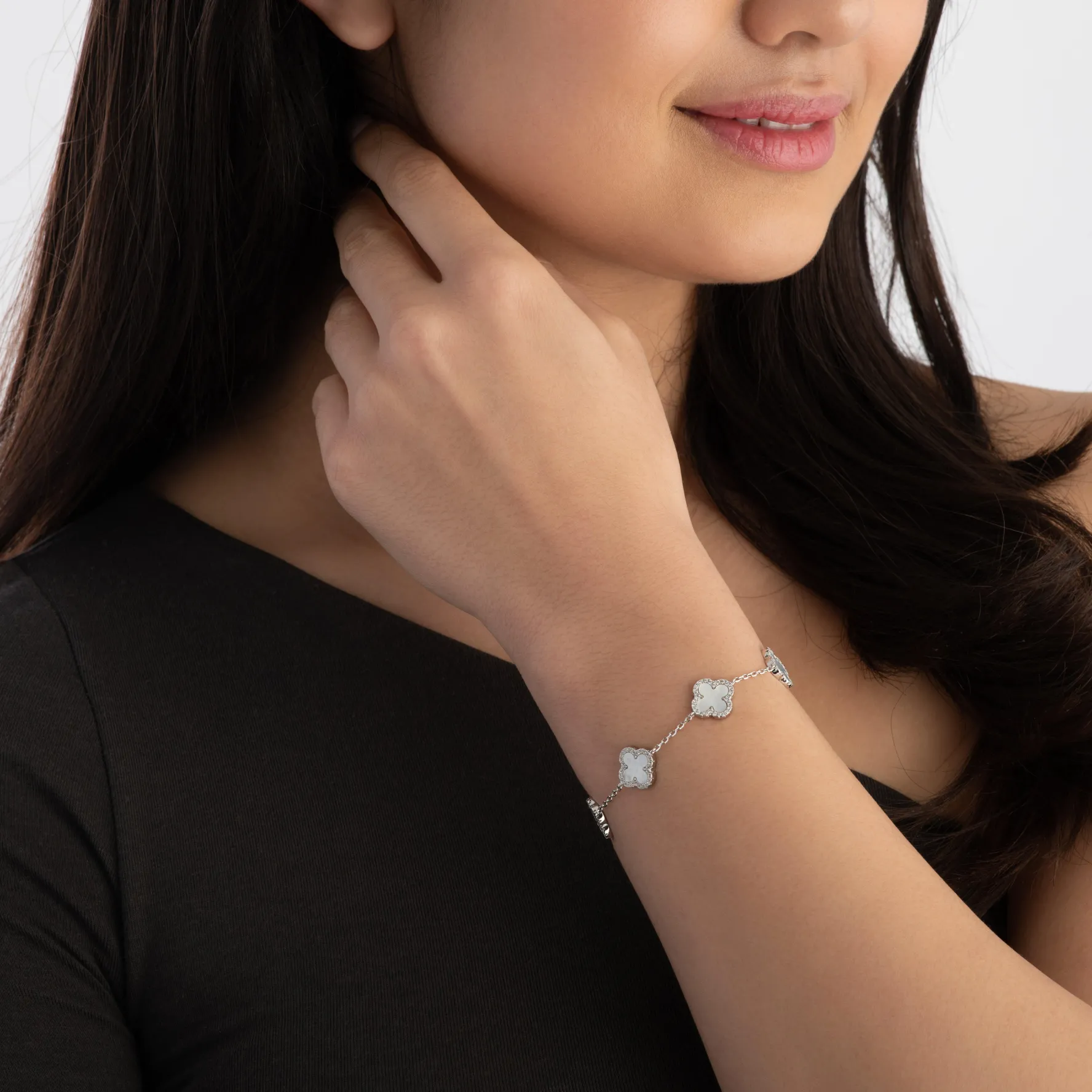 Beaverbrooks Silver Cubic Zirconia and Mother of Pearl Clover Bracelet