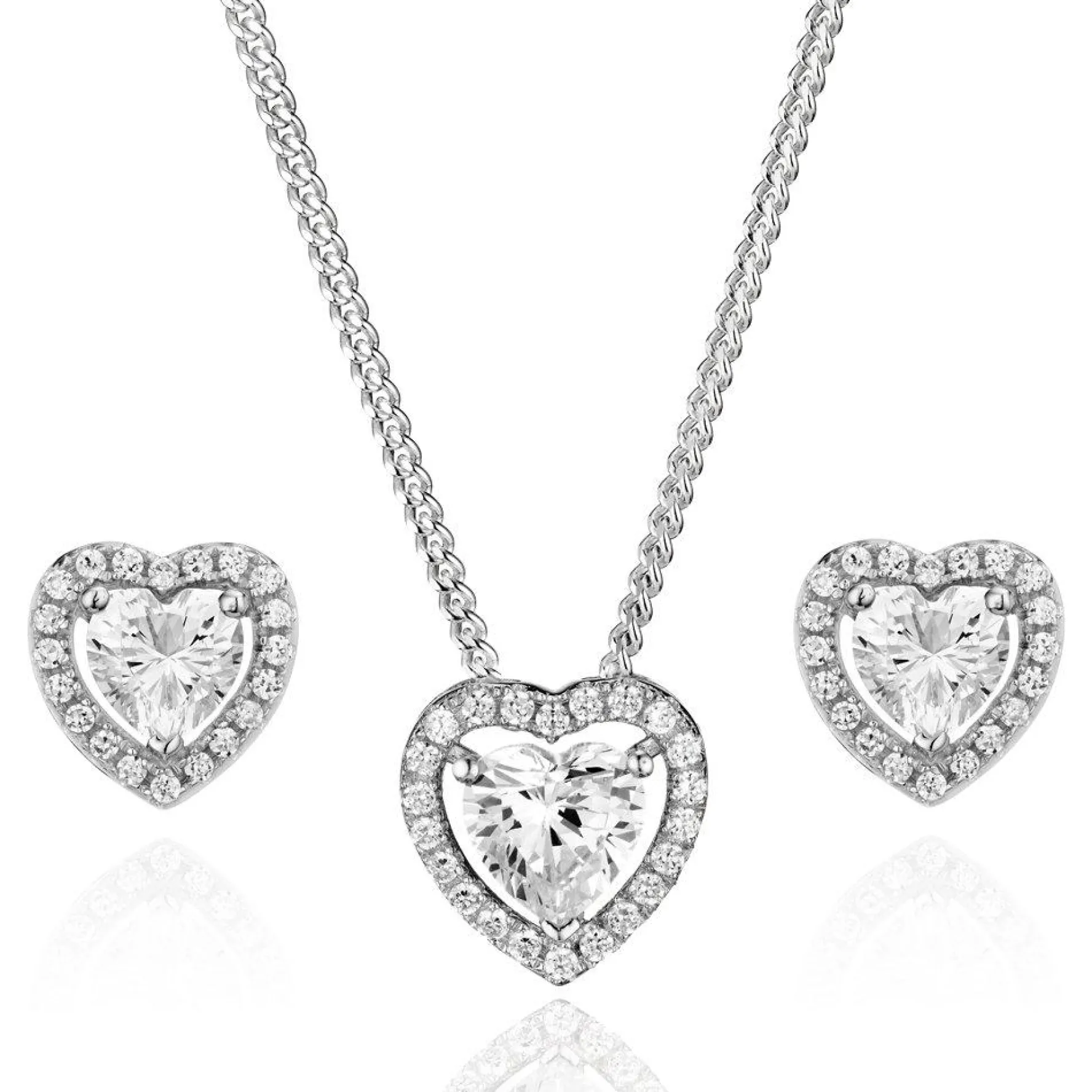 Beaverbrooks Silver Cubic Zirconia Heart Halo Pendant and Earrings Set