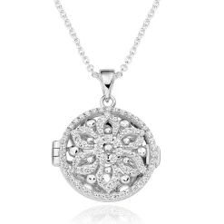 Beaverbrooks Silver Cubic Zirconia Flower Locket Pendant