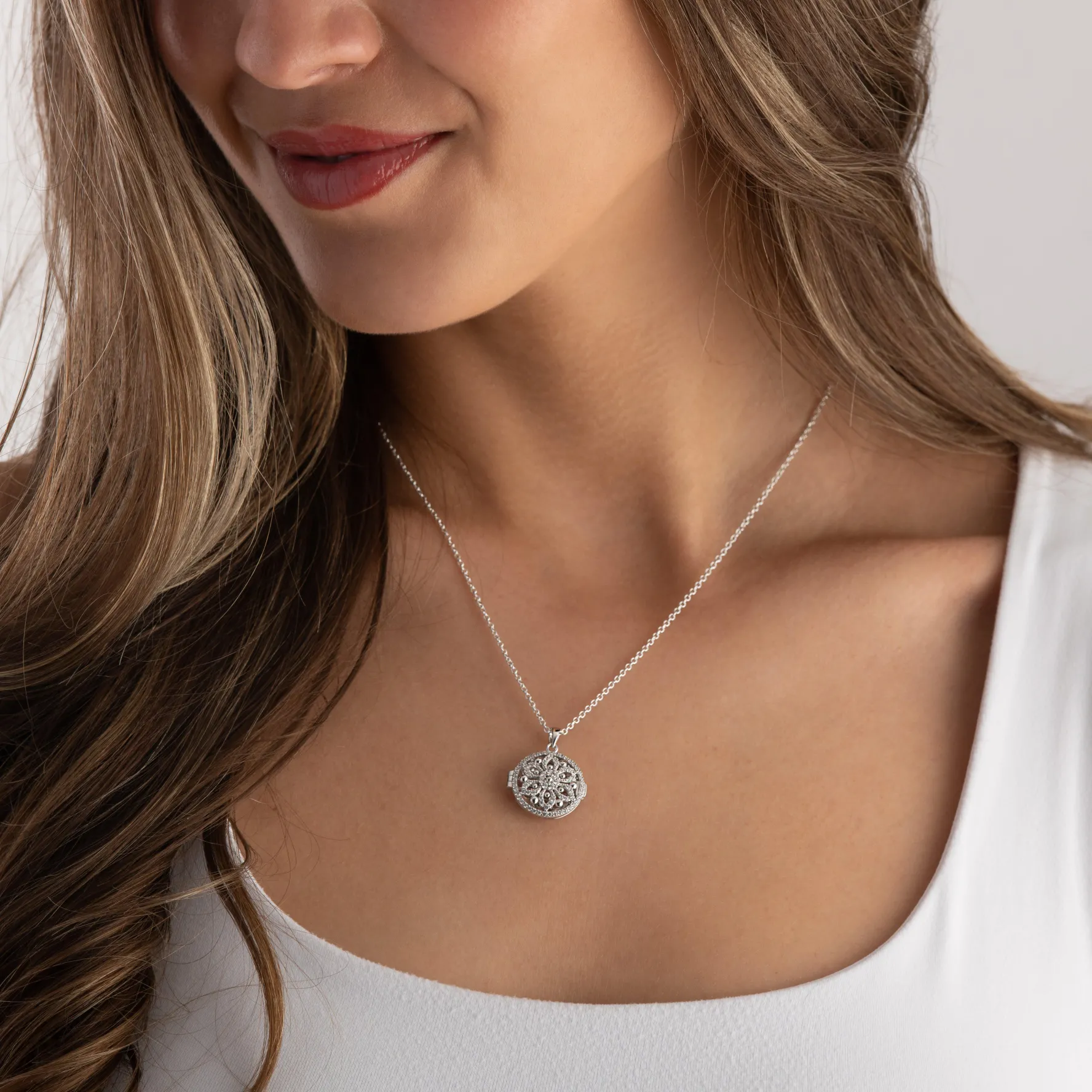 Beaverbrooks Silver Cubic Zirconia Flower Locket Pendant