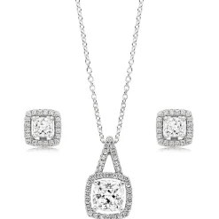 Beaverbrooks Silver Cubic Zirconia Halo Pendant and Earrings Set