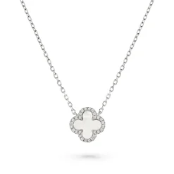 Beaverbrooks Silver Cubic Zirconia and Mother of Pearl Clover Necklace